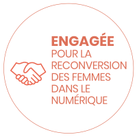 A round badge with the word 'Engagée pour la reconversion des femmes dans le numérique' written next to two shaking hands.