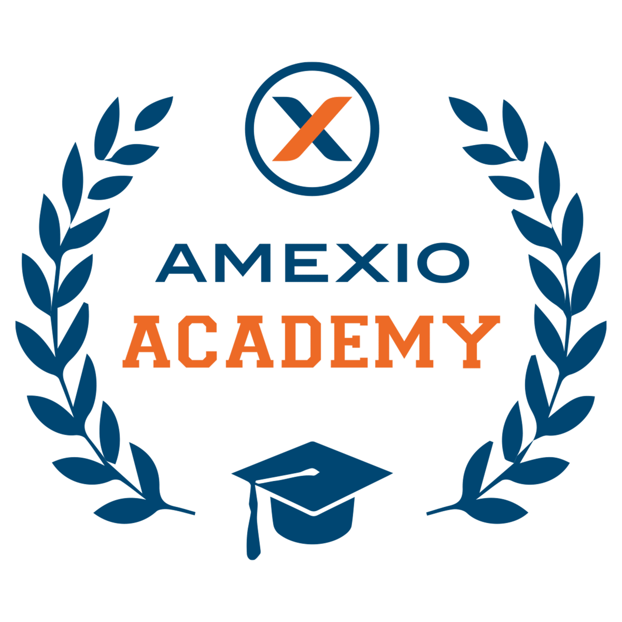 The logo for AmeXio Academy. It's the words AmeXio Academy surrounded by a laurel crown, with a graduation cap underneath the words and a circle with an x in it above.