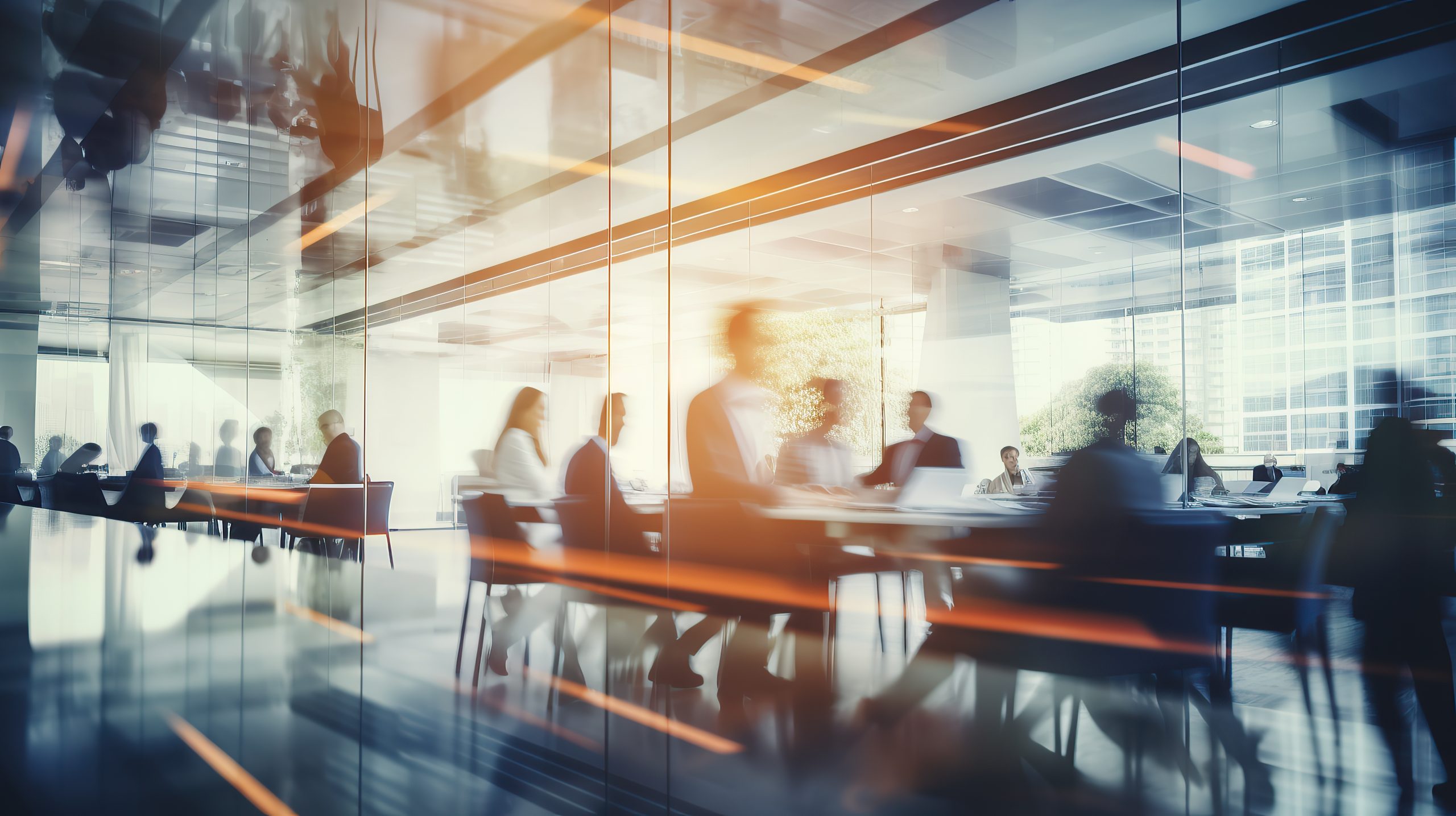 Blurred business people meeting in modern office building conference room, made with generative AI