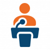 An icon of a person behind a microphone on a stand, symbolizing someone giving a speech