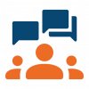 An icon of three people with speech bubbles above their heads
