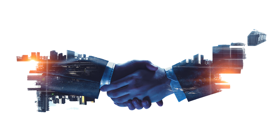 Double exposure of business partners shaking hands and modern cityscape