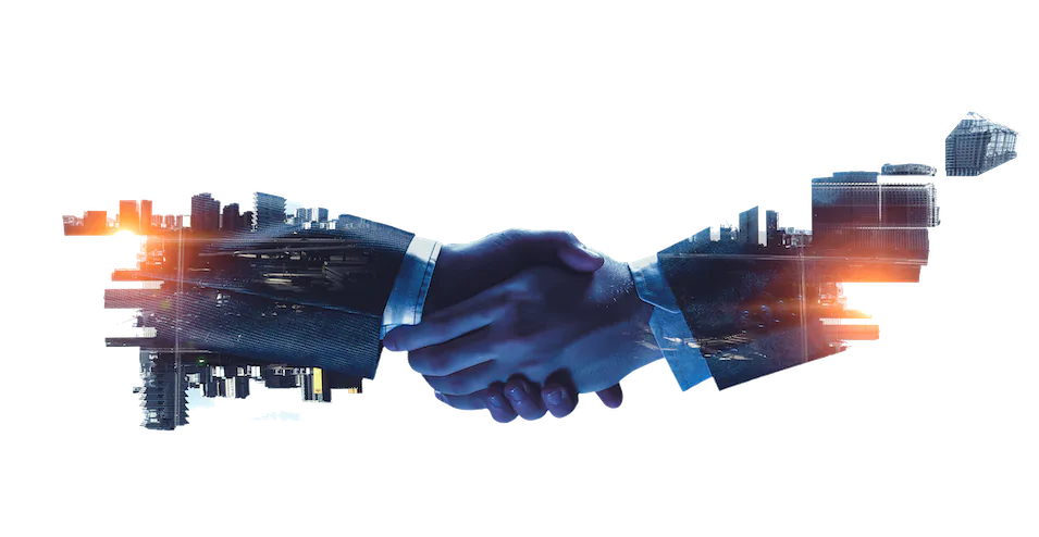 Double exposure of business partners shaking hands and modern cityscape
