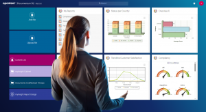 An image over a myInsight dashboard, with a business woman edited into it to appear looking at the dashboard