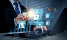 Cyber security and privacy concept to protect data Lock icon and internet network security technology Businessman protects personal information on smartphone virtual screen interface.
