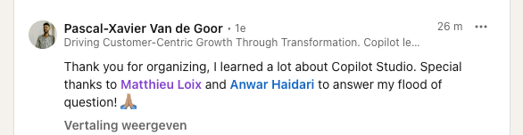 A LinkedIn response of one of the attendees of Agent in a Day