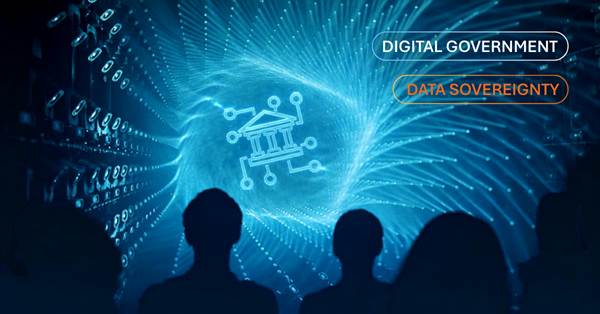 Silhouettes of an audience looking at a glowing digital government icon, labelled Digital Government and Data Sovereignty.