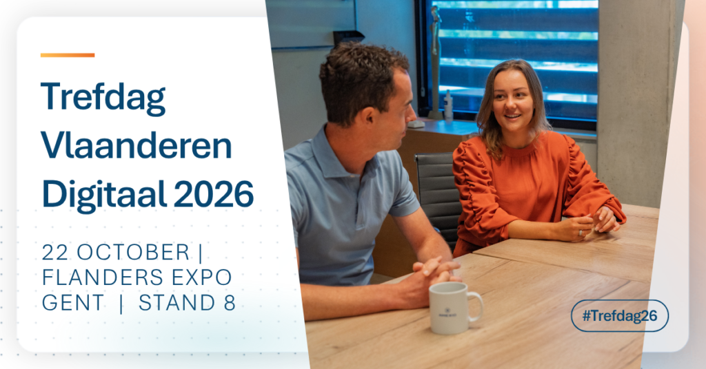 AMEXIO goes to Trefdag Vlaanderen 2026 event poster with colleagues talking at the table